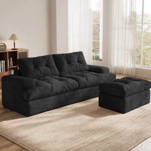 85" Modular Sectional Sofa for Living Room,L-Shaped Corduroy Cloud Couch with Ottoman,Two-Layer Cushion,No Assembly Boneless Sofa,Black