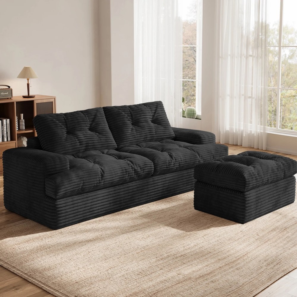 85" Modular Sectional Sofa for Living Room,L-Shaped Corduroy Cloud Couch with Ottoman,Two-Layer Cushion,No Assembly Boneless Sofa,Black