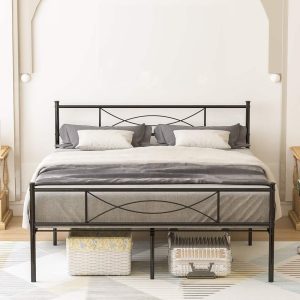 Yoneston Full Size Metal Bed Bedroom Mattress Platform Foundation with Headboard