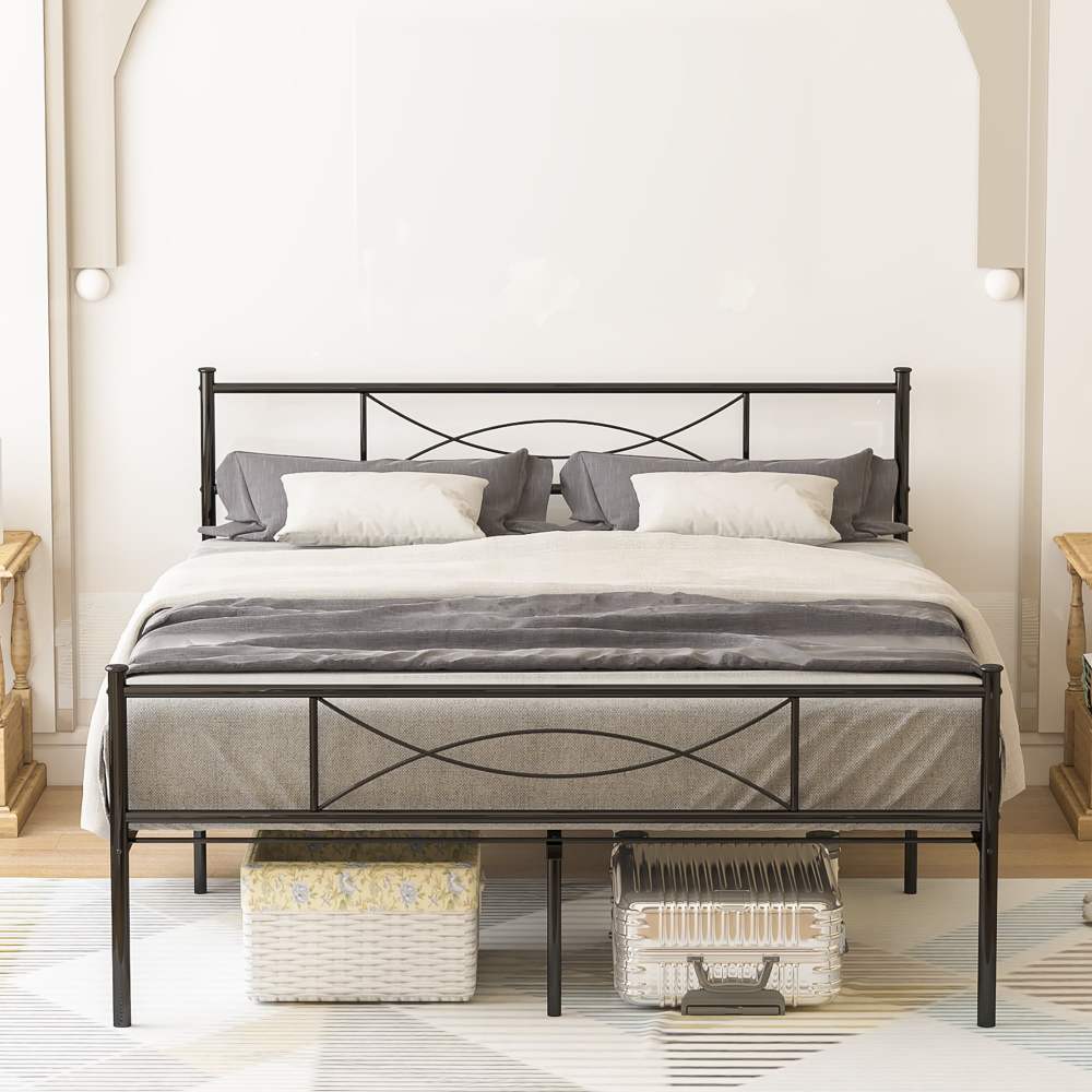 Yoneston Full Size Metal Bed Bedroom Mattress Platform Foundation with Headboard