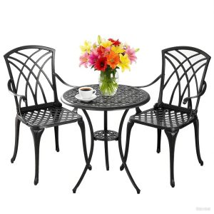 Withniture 3-Piece Cast Aluminum Patio Bistro Furniture Set,Patio Bistro Set with Umbrella Hole Rust-Resistant Outdoor Bistro Set,Black