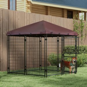 PawHut 4.6" x 4.6" x 5" Outdoor Dog Kennel with Waterproof Canopy,  Dog Playpen for Small and Medium-Sized Dogs with Two Part Door Design,  Brown