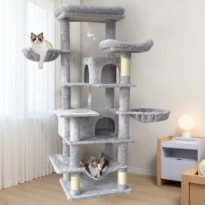 Zephypaws 68in Cat Tree, Multi-Level Cat Tower for Indoor Cats, 2 Widened Plush Perches Cat Condo with Scratching Post, Big Caves, Gray