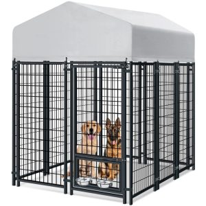 WOKEEN Large Dog Kennel Outside,  6'X4'X6", Welded Rectangular dog kennel outdoor with Waterproof Roof, 2 Rotating Bowls