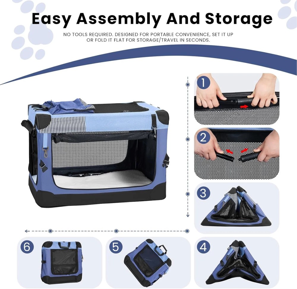 Nomipaw 36 Inch Portable Dog Crate Soft Collapsible, 3-Door Blue Travel Pet Crate for Small/Medium Dogs Indoor & Outdoor with Durable Mesh Windows & Storage Bag - Image 3