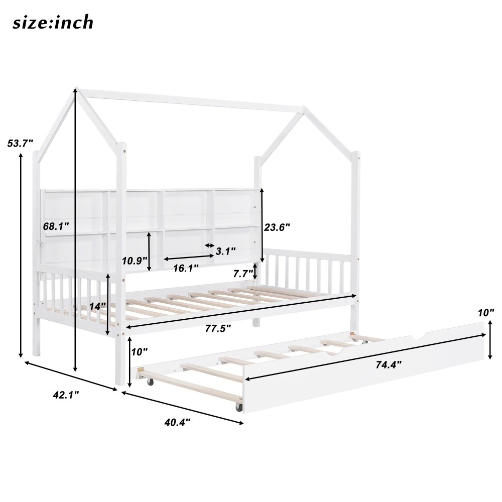 Aukfa House Bed with Trundle, Twin Platform Bed with Storage Shelves and Roof - White - Image 7