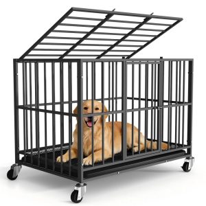 Time Ray 38 inch Dog Crate for Medium Dog with Steel Escape Proof, Heavy Duty Indestructible Dog Kennel with Double Doors, Lockable Wheels and Removable Tray, Black