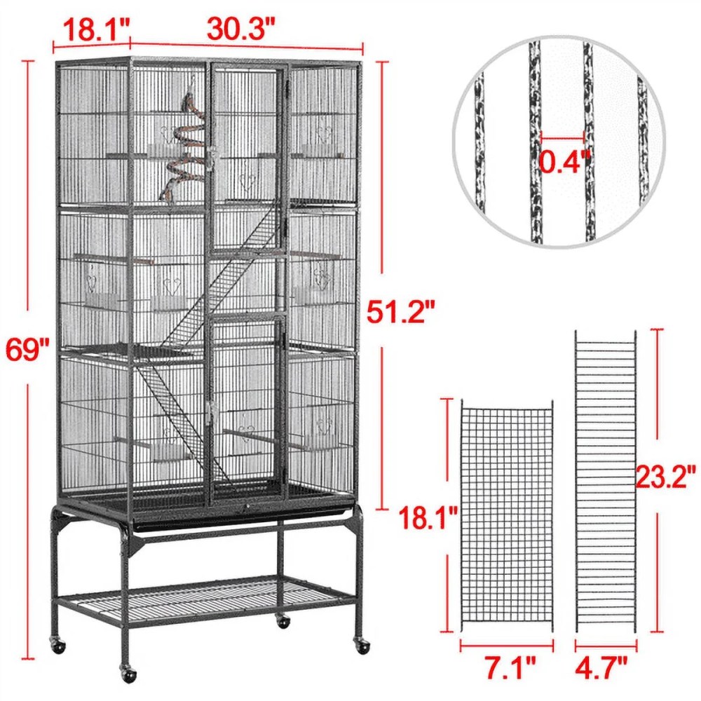 Alden Design 69" H Rolling Extra Large Metal Bird Cage with Detachable Stand for Parrots, Black - Image 7