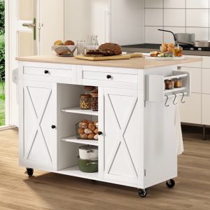 "HLR 51.7"" W Rolling Kitchen Island,Adjustable Shelves,Breakfast Bar with Storage,White"