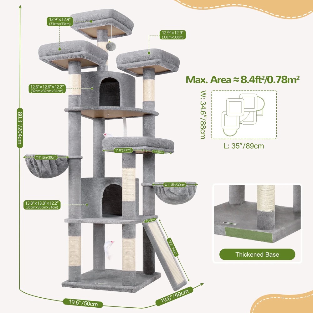 Globlazer 80in Heavy Duty Cat Tree for Large Cats, Multi-Level Cat Furniture Activity Center with 2 Condos, 2 Hammocks, 3 Perches & Sisal Scratching Posts, Light Grey - Image 3