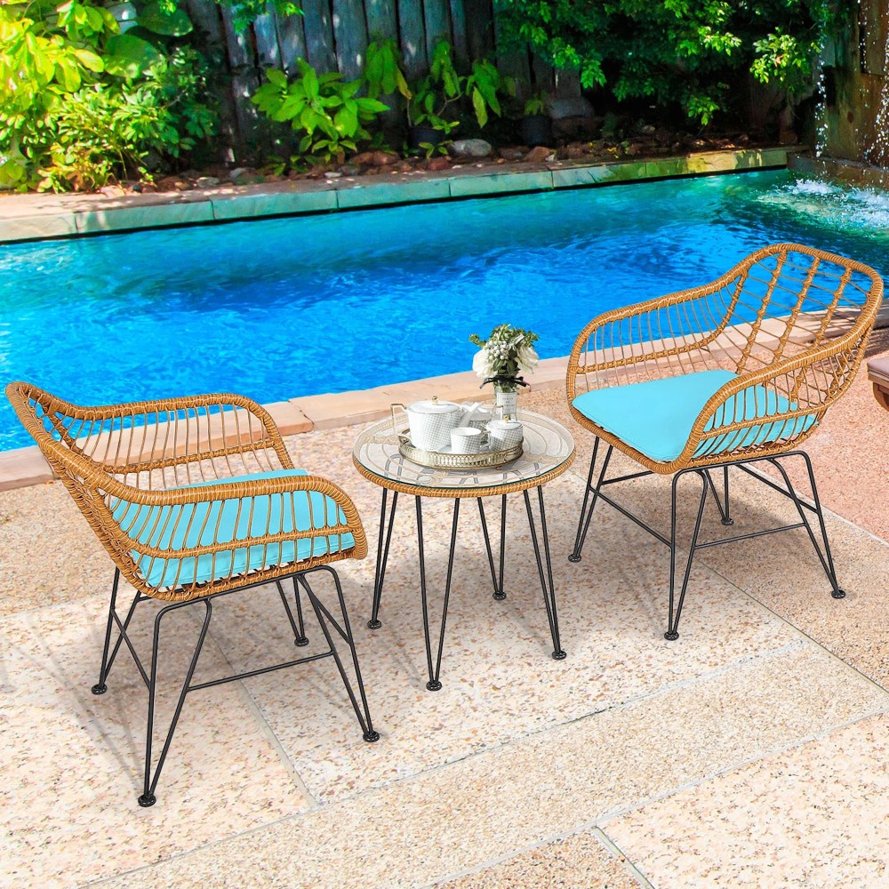 Gymax 3PCS Rattan Patio Bistro Set Conversation Furniture Set w/ Turquoise Cushions - Image 2