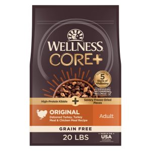 Wellness CORE Dry Dog Food with Freeze Dried Pieces,  Grain Free,  High Protein,  Natural,  Original Turkey & Chicken Recipe,  (20-Pound Bag)