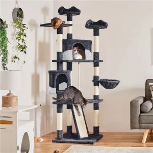 Yaheetech 79" Multilevel Cat Tree with Basket Scratching Posts Ramp,  Dark Gray & White