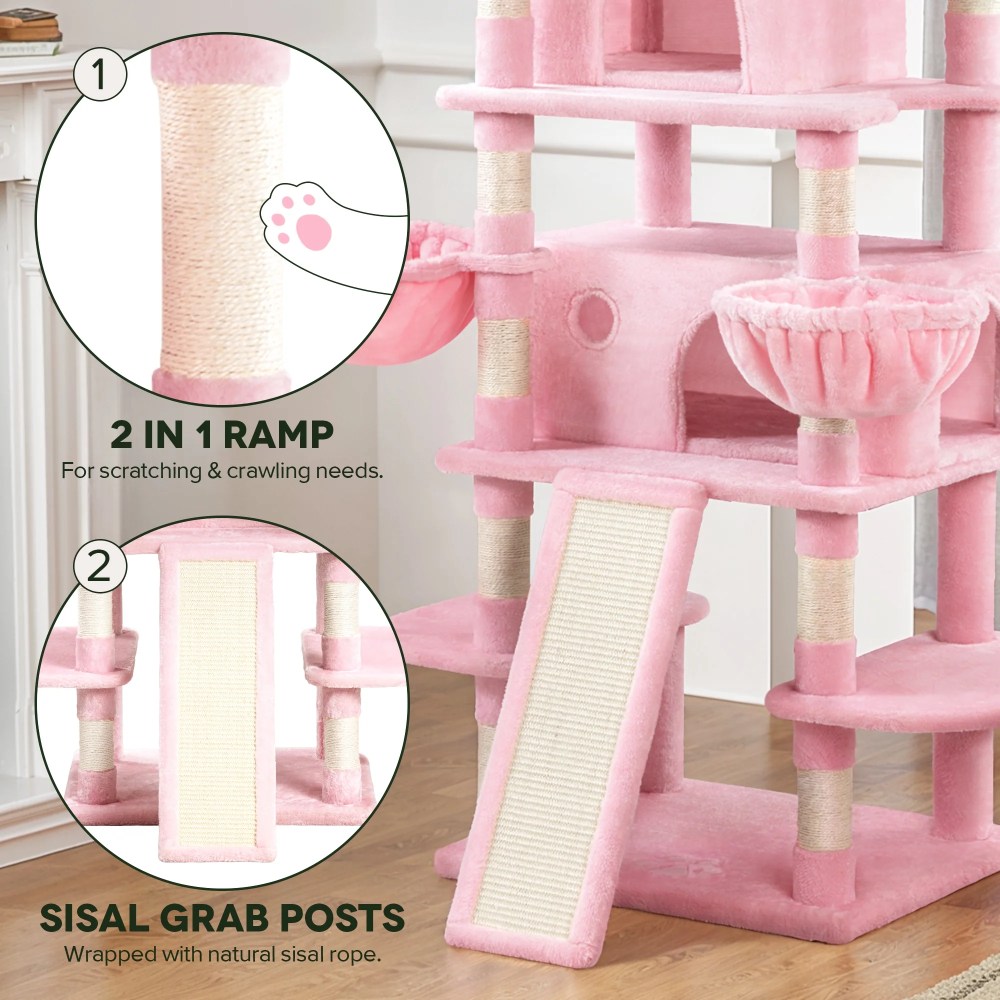 Einfach 68" X-Large Cat Tree and Tower with Condo Houses, Scratching Board & Posts for Indoor Cat, Pink - Image 6