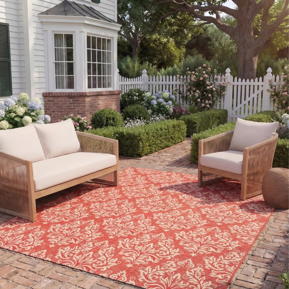 Safavieh Courtyard Anna Damask Indoor/Outdoor Area Rug, Red/Creme, 6'7" x 9'6" - Image 3