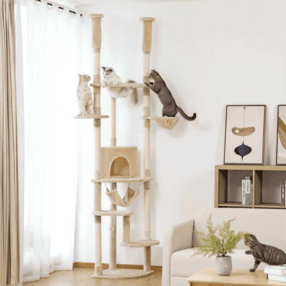 Pefilos Floor to Ceiling Cat Tree for Indoor 92.9"-101.6" Height Adjustable Cat Tower Tall Kitty Climbing Play House with Scratching Posts, Cozy Cat Condo, Perches and Large Hammock, Beige - Image 6