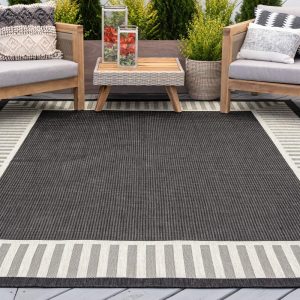 58 Water Resistant, Indoor Outdoor Rugs for Patios, Front Door Entry, Entryway, Deck, Porch, Balcony  Outside Area Rug for Patio  Black, Striped Border  Size: 5'3" x 7'3"