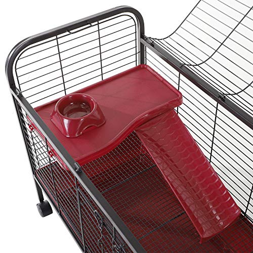 Pawhut Metal Wire Small Animal Pet Cage with Wheels, Red & Black, 42" - Image 6