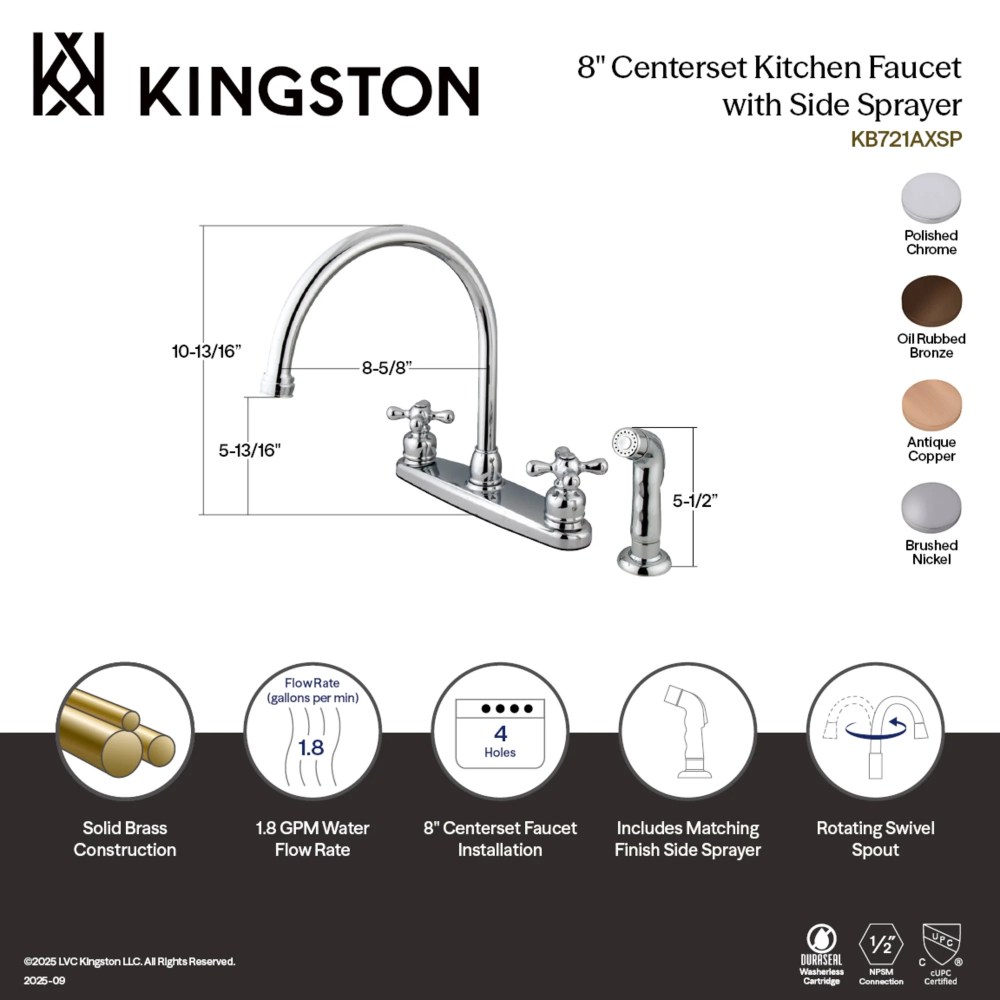 Kingston KB725AXSP Vintage Two-Handle 4-Hole 8" Centerset Kitchen Faucet with Side Sprayer in Oil Rubbed Bronze - Image 4