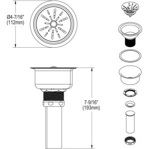 Elkay Deluxe 3-1/2" Drain Type 304 Stainless Steel Body,  Strainer Basket Rubber Seal and Tailpiece