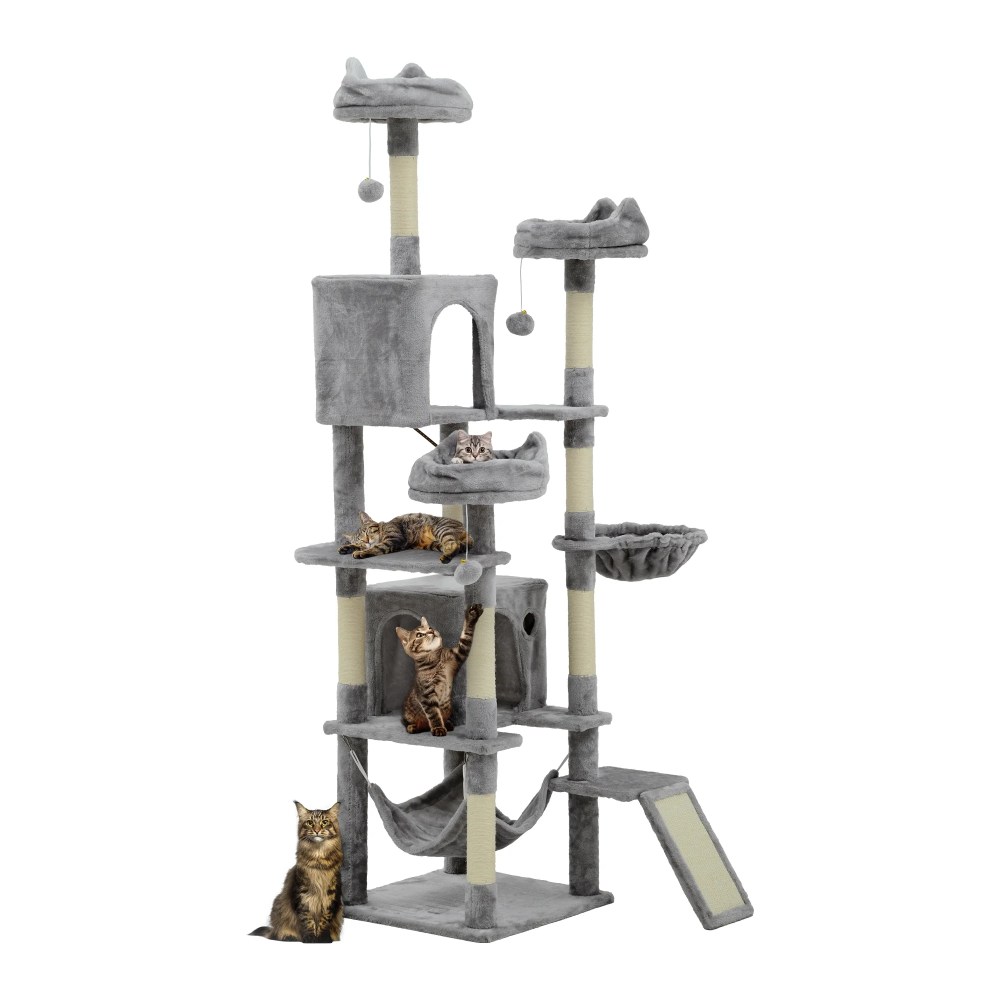 Dextrus 75" Tall Cat Tree for Large Cats, Multi-Level Play Tower Condo with Sisal Ramp Scratching Post & Hammocks, Light Gray - Image 5