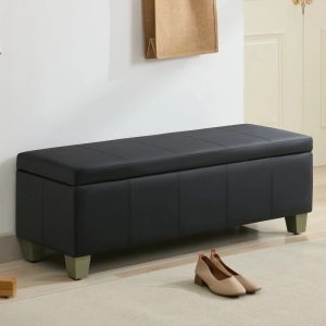 51" Faux Leather Storage Ottoman Bench with Wooden Legs,Tufted Upholstered Seat,Sturdy & Spacious for Bedroom,Entryway,Living Room,Dark Black
