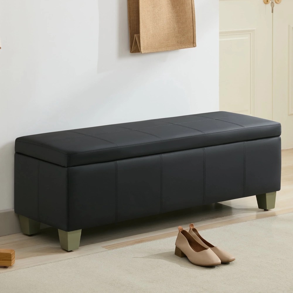 51" Faux Leather Storage Ottoman Bench with Wooden Legs,Tufted Upholstered Seat,Sturdy & Spacious for Bedroom,Entryway,Living Room,Dark Black