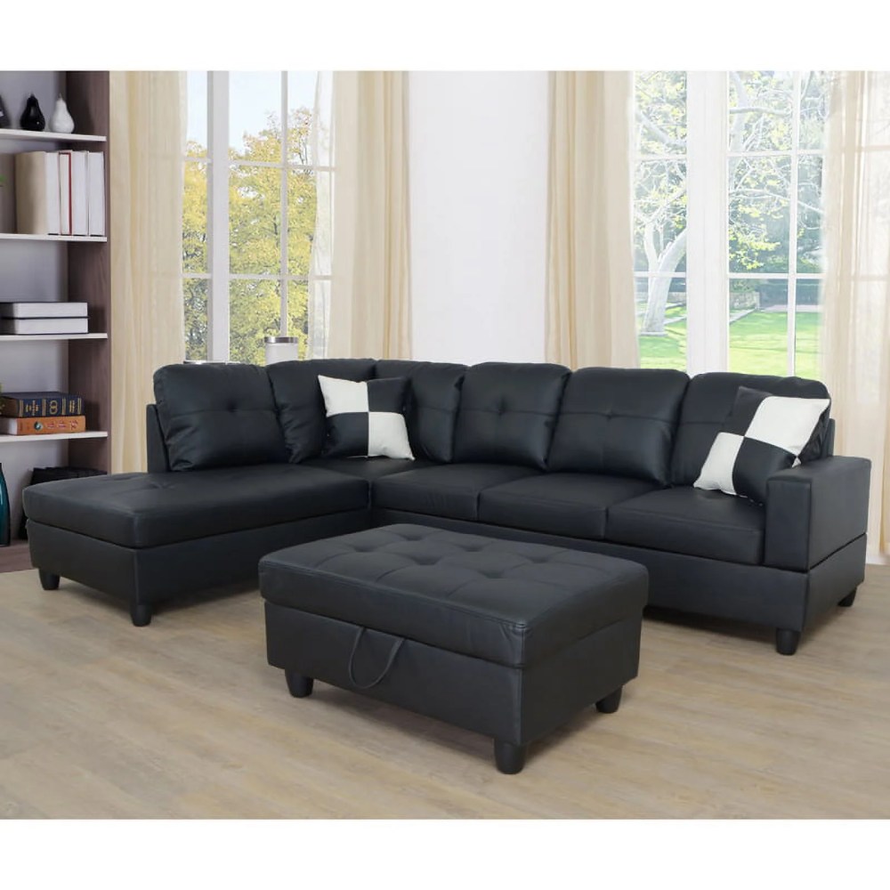 Hommoo Semi PU Leather Sectional Sofa, L Shaped Couch, Sectional Sofa Set for Small Space Living Room, Black(Without Ottoman) - Image 5