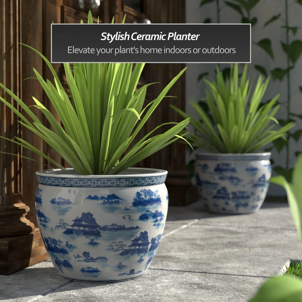Red Lantern 16" Landscape Blue & White Porcelain Fishbowl Planter - Image 5