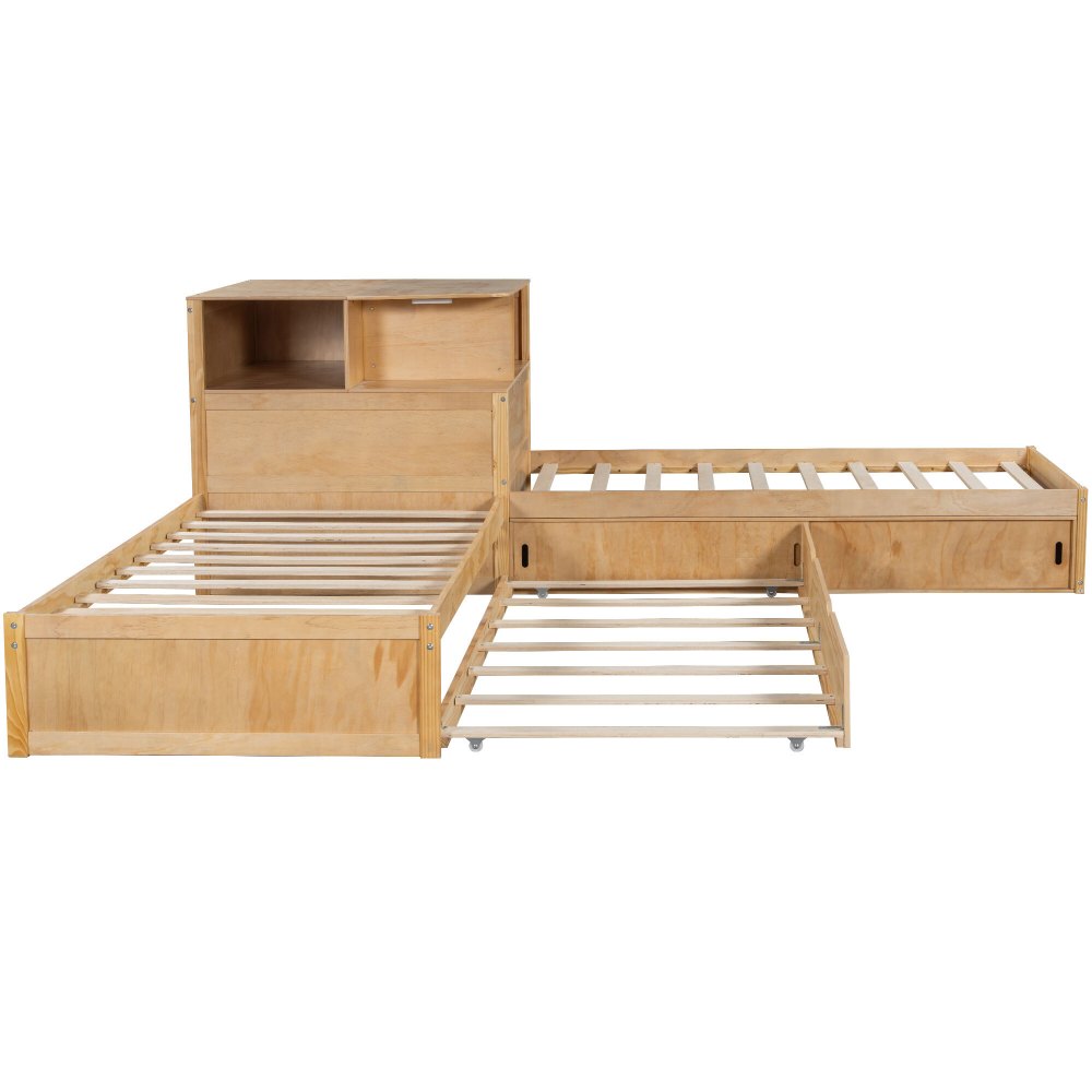 Euroco Pine Wood L-Shaped Twin Platform Bed with Storage Desk, Cabinets, Trundle and LED Light for Kids Teens, Natural - Image 16