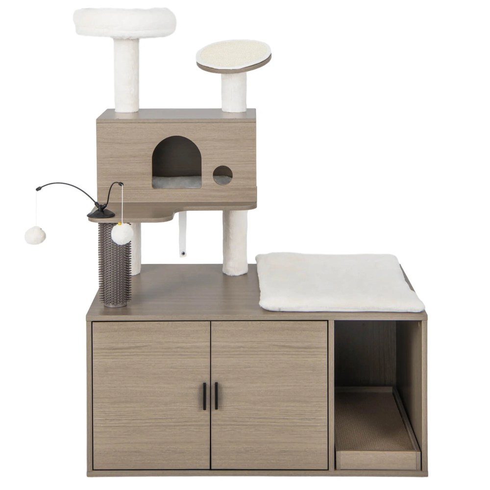 Gymax Cat Tree with Litter Box Enclosure 2-in-1 Modern Cat Tower with Cat Condo - Image 5