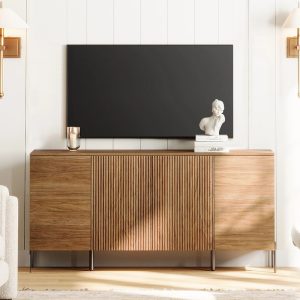 61" Modern TV Stand With Storage,Reeded Entertainment Center,Wooden TV Console With 4 Doors For Living Room