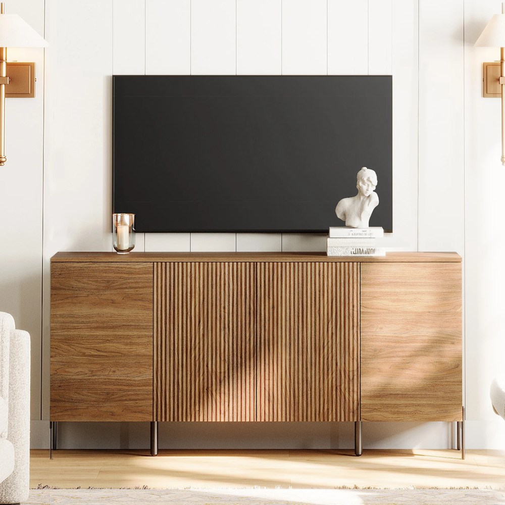 61" Modern TV Stand With Storage,Reeded Entertainment Center,Wooden TV Console With 4 Doors For Living Room