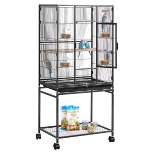 VEVOR Bird Cage,  24.6 x 16.7 x 53.9 in,  Flat Top,  Wrought Iron Bird Flight Cage with Perches,  Slide-Out Tray and Plastic Feeders,  Casters,  for Parrot,  Blue Tit,  Cockatiel,  Canary,  Budgerigar