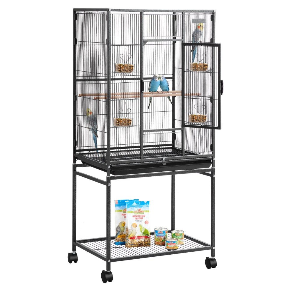 VEVOR Bird Cage, 24.6 x 16.7 x 53.9 in, Flat Top, Wrought Iron Bird Flight Cage with Perches, Slide-Out Tray and Plastic Feeders, Casters, for Parrot, Blue Tit, Cockatiel, Canary, Budgerigar