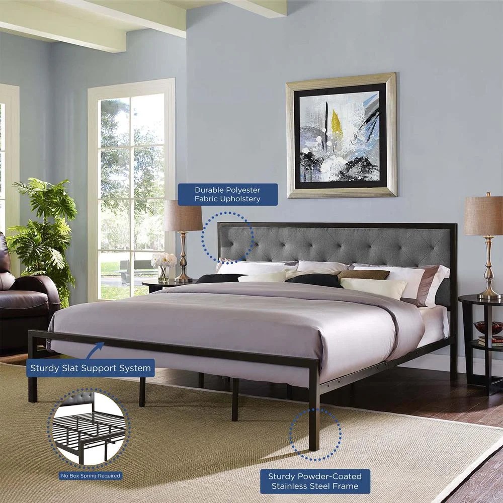 Modway Mia King Powder-coated Steel and Fabric Bed in Brown/Gray - Image 2