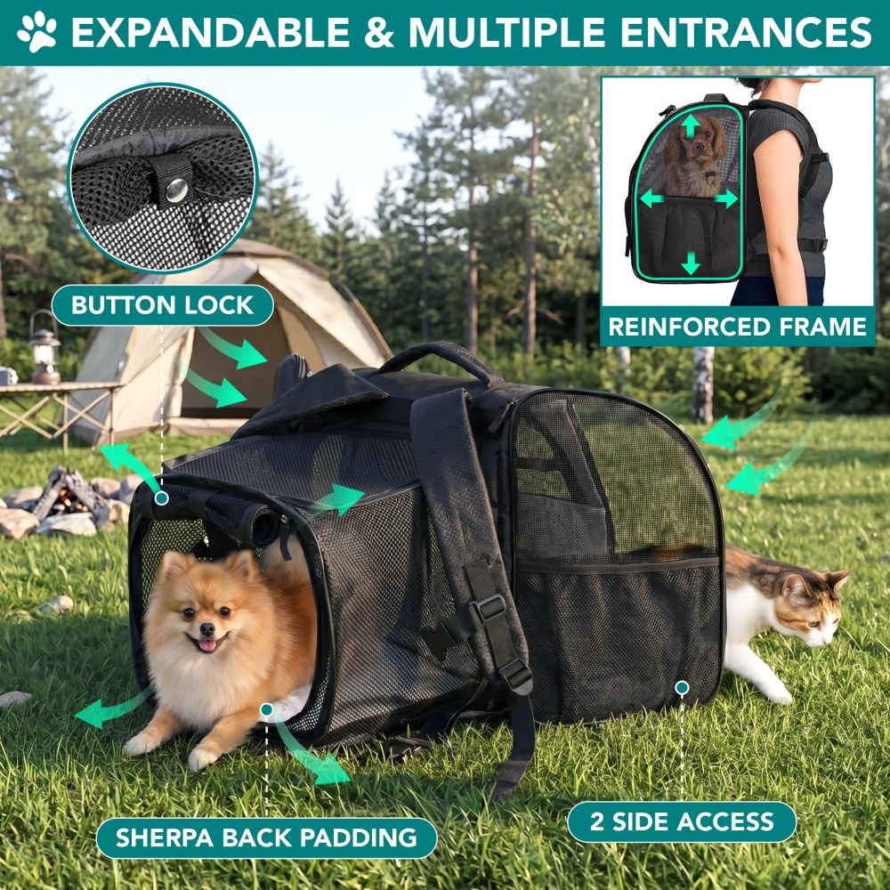 PetAmi Expandable Dog Backpack Carrier for Cats & Pets, Breathable Cat Carrier Backpack with Top Window & Multi-Entry, Ventilated Foldable Travel Carrier for Small Medium Pets up to 18 lbs, Black - Image 4