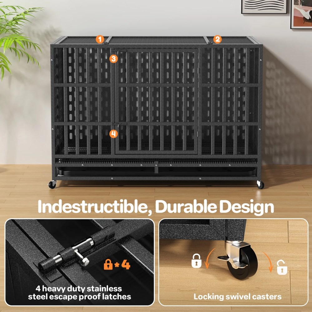 YOKWOK 48 Inch Heavy Duty Indestructible Dog Crate Cage, Chew Proof & Escape-Proof XL Kennel for High Anxiety Large Dogs, with Locking Wheels and Removable Tray for Indoor & Outdoor Use, Black - Image 7