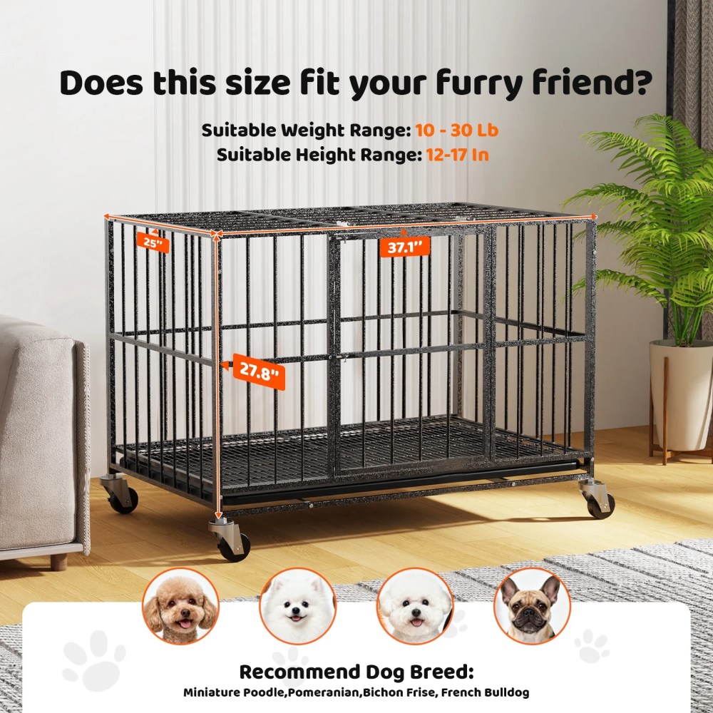 Time Ray 38 inch Dog Crate for Medium Dog with Steel Escape Proof, Heavy Duty Indestructible Dog Kennel with Double Doors, Lockable Wheels and Removable Tray, Black - Image 4