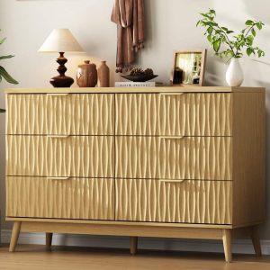 47"W Fluted 6 Drawers Dresser for Bedroom,Modern Chest of Drawers with Metal Handle,Wooden TV Stand for Living Room,Hallway