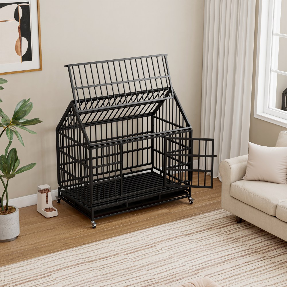 Aukfa 47 in Heavy Duty Indestructible Dog Crate with Lockable Wheels, Escape Proof Dog Cage Kennel w/ Removable Tray - Image 2