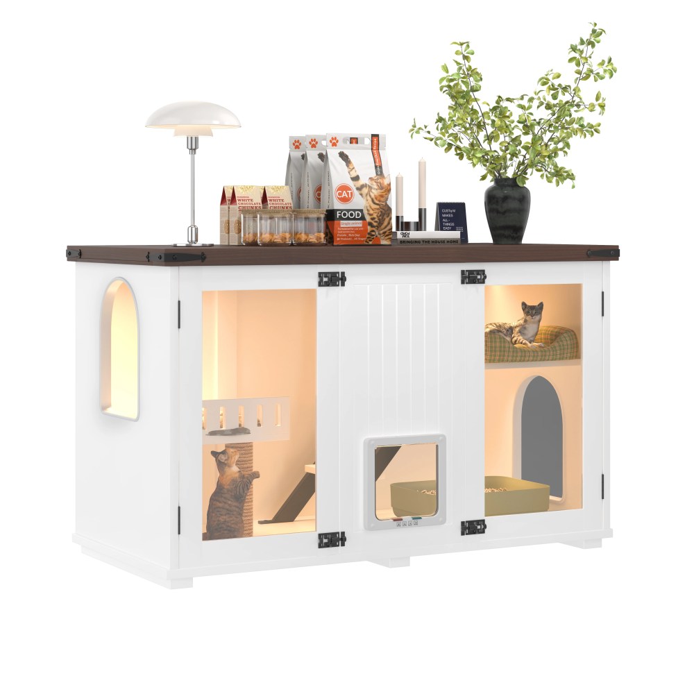 47.25" Large Cat Litter Box Enclosure with LED Light, Hidden Litter Box Furniture with Stairs and Scratching Post, Smart Locking Doors, Cat Cabinet Side Table for Living Room, White - Image 11