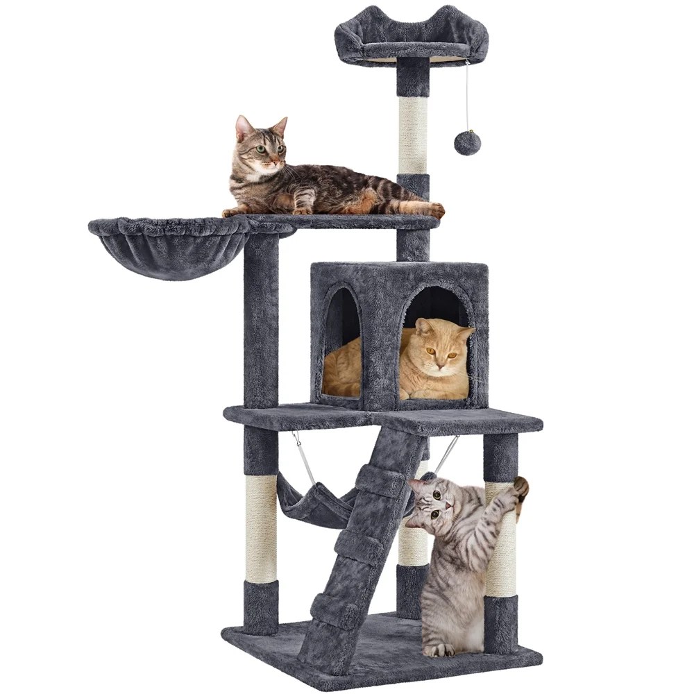 Alden Design 54" Cat Tree with Hammock, Basket and Scratching Post Tower, Dark Gray - Image 7