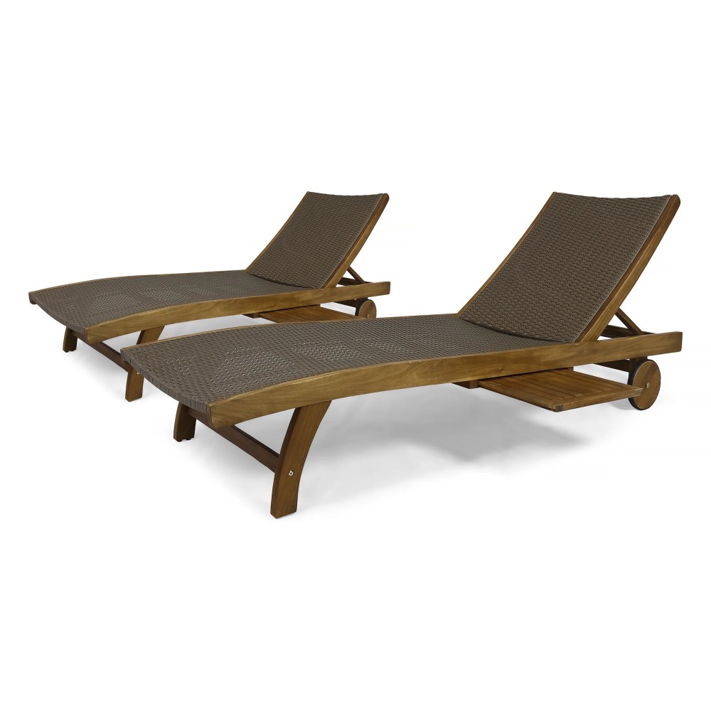 Emmanuel Outdoor Wicker and Wood Chaise Lounge with Pull-Out Tray, Set of 2, Brown, Teak - Image 7