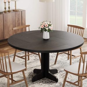 47-Inch Round Dining Table for 4-6 People,Farmhouse Kitchen Table with Wooden Top and Sturdy Base,Circle Dining Room Table for Home or Living Room,Black (Only Table)