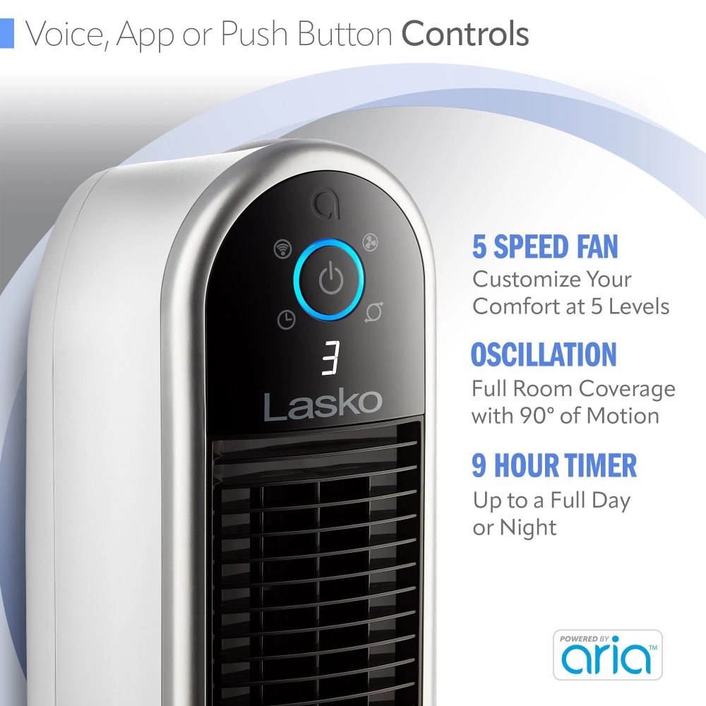 Lasko 40" 5-Speed Smart Tower Fan Powered by Aria, Wi-Fi Connected, Alexa, Google, White, T40735 - Image 6
