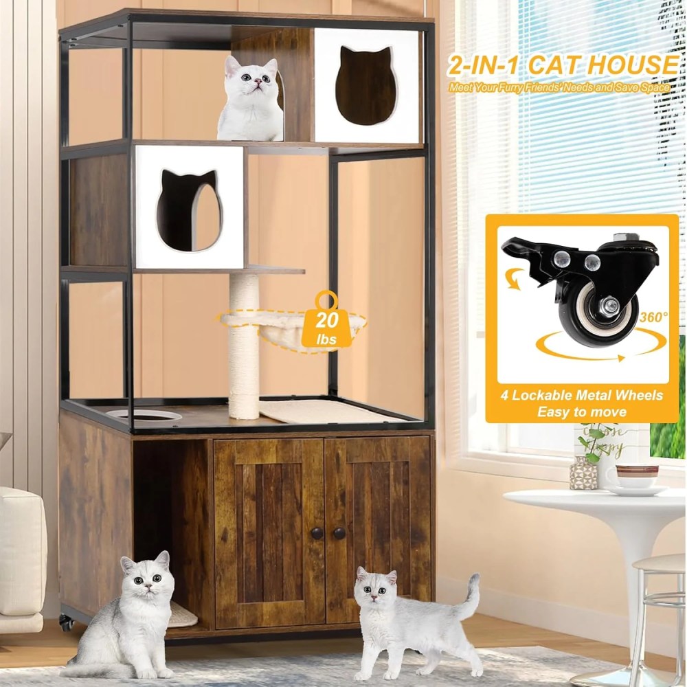 PETSCOSSET Cat Tree with Hidden Litter Box Enclosure, Climbing Platforms, Condo Hammock, and Scratching Post - Image 8