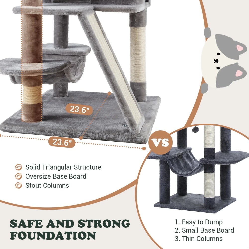 Amolife 65.7" Large Cat Tree and Tower Condo for Indoor Cats with 2 Scratching Boards, Hammock & Post, Gray - Image 9