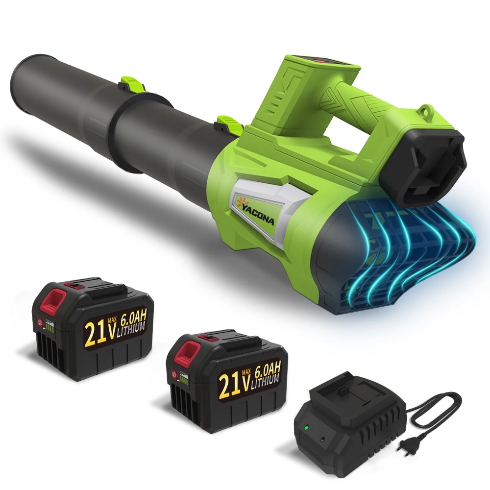 Yacona 21V Leaf Blower Cordless,with 2 x 6.0Ah Battery and Charger,21V Electric Leaf Blowers with Strap,6-Speed Powered Leaf Sweeper for Blowing Leaves,Lawn Care,Dust and Snow,Green