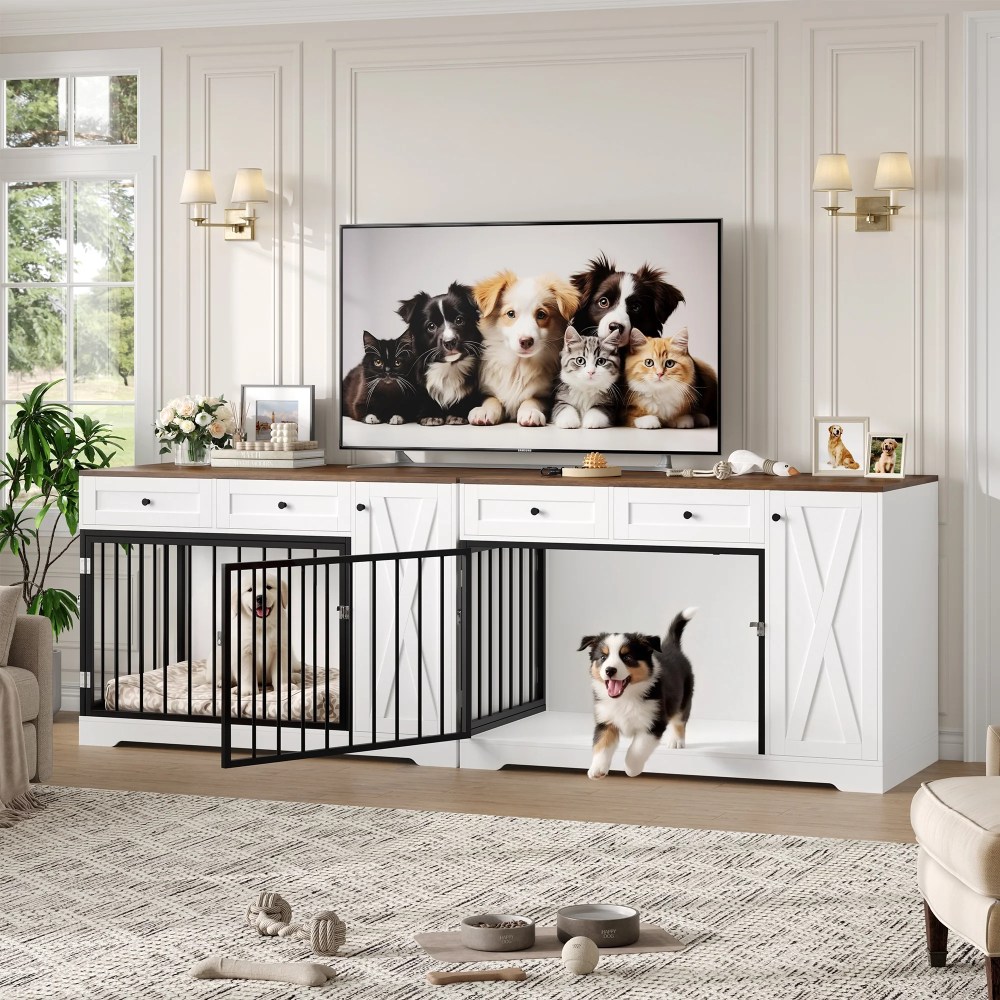 Homfa Dog Crate with Storage Cabinet and 2 Drawers, Indoor Furniture Style Wooden Large Dog Kennel, White - Image 2